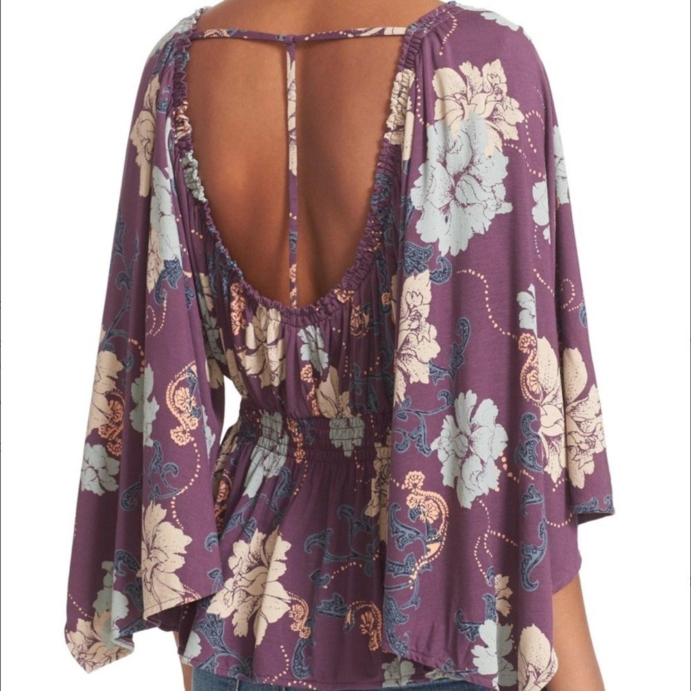 Free People Floral Blouse Womens Medium Purple Kimono Sleeve Open Back Top